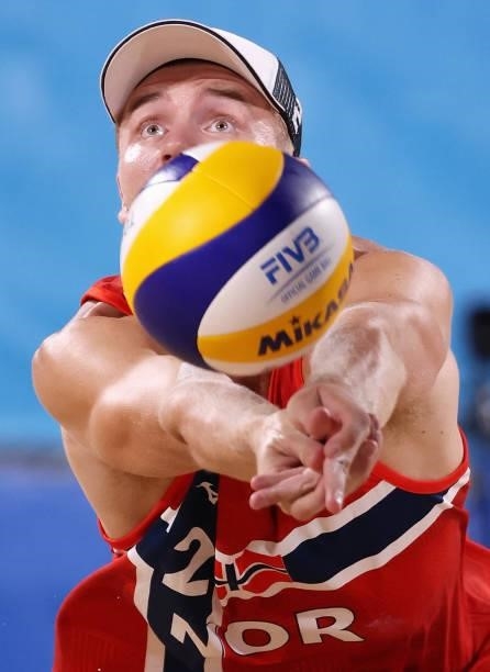 Christian Sandlie Sorum of Team Norway competes against Team Netherlands during the Men's Round of 16 beach volleyball on day nine of the Tokyo 2020...