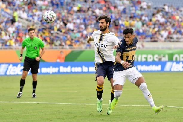 Andre Gomes of Everton challenge for the ball during the Everton FC v UNAM Pumas pre-season friendly match on July 28, 2021 in Orlando, Florida,...