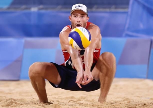 Anders Berntsen Mol of Team Norway competes against Team Netherlands during the Men's Round of 16 beach volleyball on day nine of the Tokyo 2020...