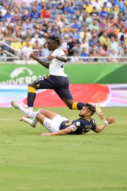 Moise Kean of Everton skips over a challenge during the Everton FC v UNAM Pumas pre-season friendly match on July 28, 2021 in Orlando, Florida,...