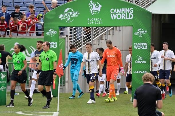 Seamus Coleman of Everton leads out his team during the Everton FC v UNAM Pumas pre-season friendly match on July 28, 2021 in Orlando, Florida,...