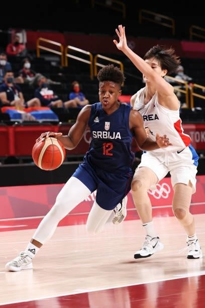 Yvonne Anderson of Team Serbia drives to the basket against Yebin Yoon of Team South Korea during the second half of a Women's Basketball Preliminary...