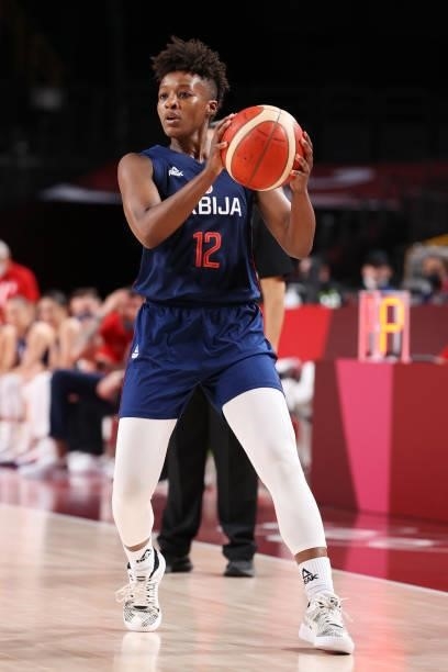 Yvonne Anderson of Team Serbia looks to pass against Team South Korea during the second half of a Women's Basketball Preliminary Round Group A game...