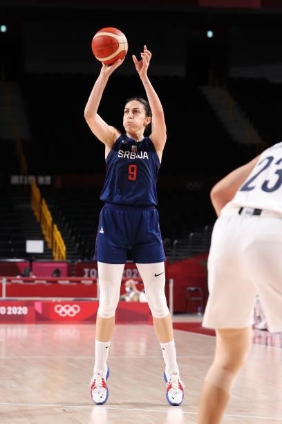 Jelena Brooks of Team Serbia takes a jump shot against Team South Korea during the second half of a Women's Basketball Preliminary Round Group A game...