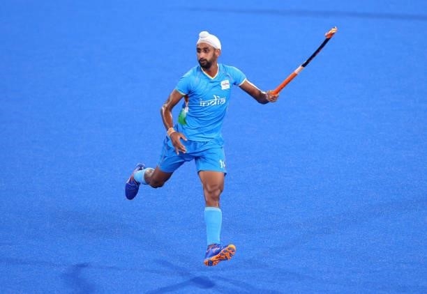 Mandeep Singh of Team India in action during the Men's Quarterfinal match between India and Great Britain on day nine of the Tokyo 2020 Olympic Games...