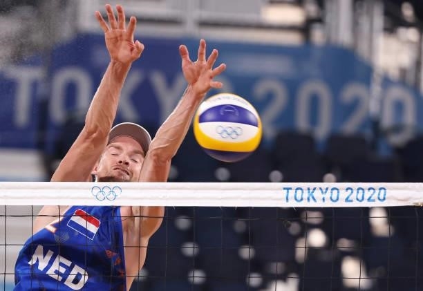 Robert Meeuwsen of Team Netherlands competes against Team Norway during the Men's Round of 16 beach volleyball on day nine of the Tokyo 2020 Olympic...