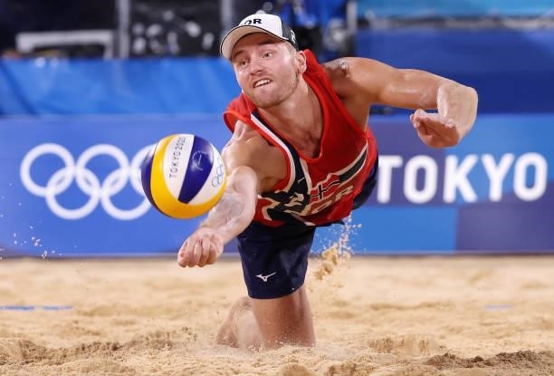 Christian Sandlie Sorum of Team Norway competes against Team Netherlands during the Men's Round of 16 beach volleyball on day nine of the Tokyo 2020...