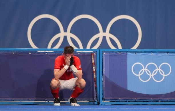 Liam Sanford of Team Great Britain reacts following a loss in the Men's Quarterfinal match between India and Great Britain on day nine of the Tokyo...