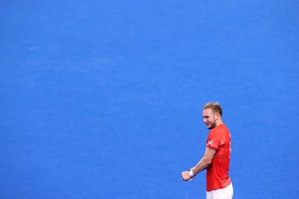 David Ames of Team Great Britain reacts following a loss in the Men's Quarterfinal match between India and Great Britain on day nine of the Tokyo...