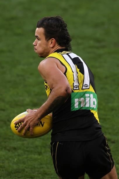 Daniel Rioli of the Tigers in action during the round 20 AFL match between Fremantle Dockers and Richmond Tigers at Optus Stadium on August 01, 2021...