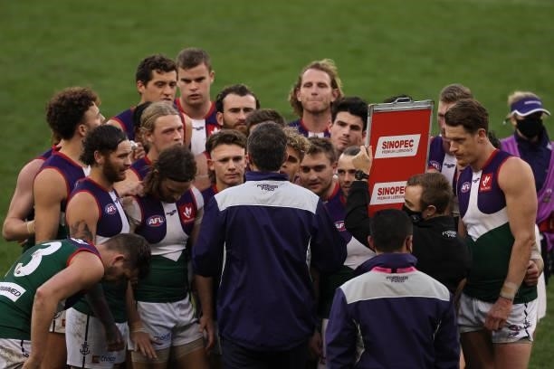 Justin Longmuir, head coach of the Dockers addresses his players during the round 20 AFL match between Fremantle Dockers and Richmond Tigers at Optus...