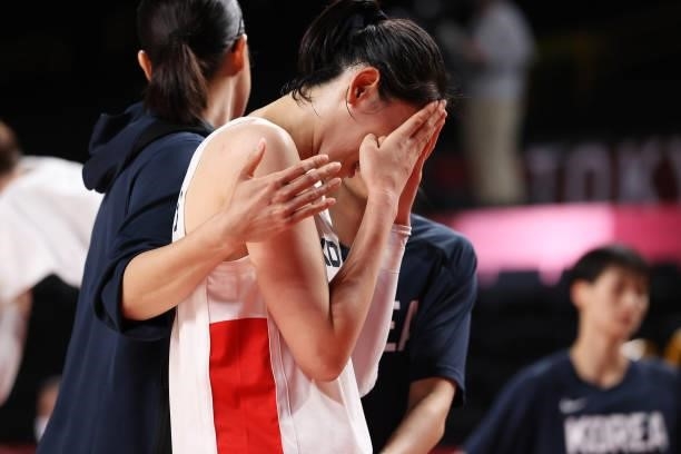 Leeseul Kang of Team South Korea hangs her head in disappointment after her team was defeated by Serbia in a Women's Basketball Preliminary Round...