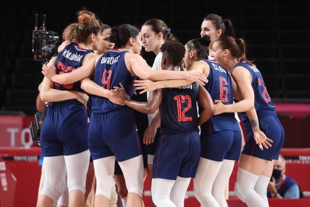 Team Serbia celebrates their victory over Team South Korea during the second half of a Women's Basketball Preliminary Round Group A game at Saitama...