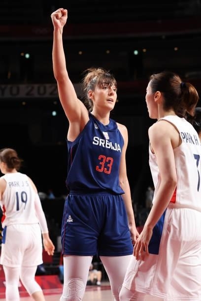 Tina Krajisnik of Team Serbia celebrates during the second half of Serbia's Women's Basketball Preliminary Round Group A game against Team South...