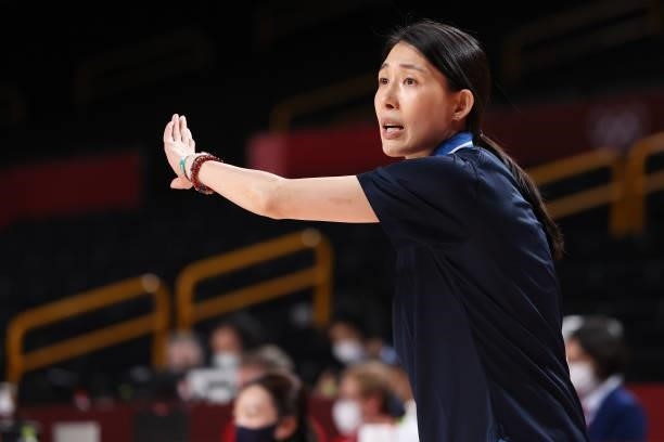 Team South Korea Head Coach Lee Moon-kyu signals to her team during the second half of their Women's Basketball Preliminary Round Group A game...
