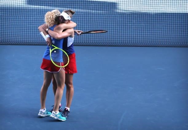 Barbora Krejcikova of Team Czech Republic and Katerina Siniakova of Team Czech Republic celebrate victory after their Women's Doubles Gold Medal...