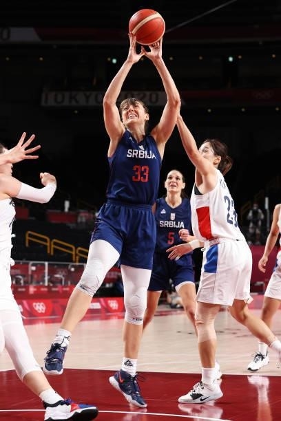 Tina Krajisnik of Team Serbia drives to the basket against Danbi Kim of Team South Korea during the second half of a Women's Basketball Preliminary...