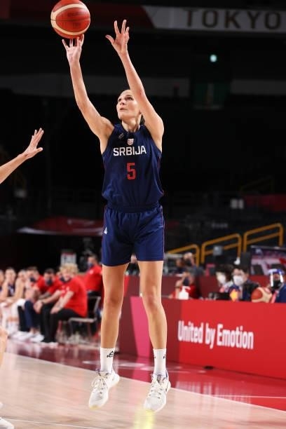 Sonja Vasic of Team Serbia takes a jump shot against Team South Korea during the second half of a Women's Basketball Preliminary Round Group A game...