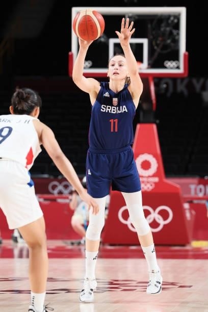 Aleksandra Crvendakic of Team Serbia passes the ball against Team South Korea during the second half of a Women's Basketball Preliminary Round Group...