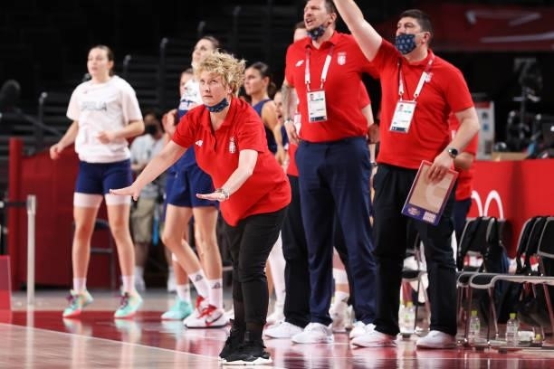 Team Serbia Head Coach Marina Maljkovic signals to her team from the bench during the second half of their Women's Basketball Preliminary Round Group...