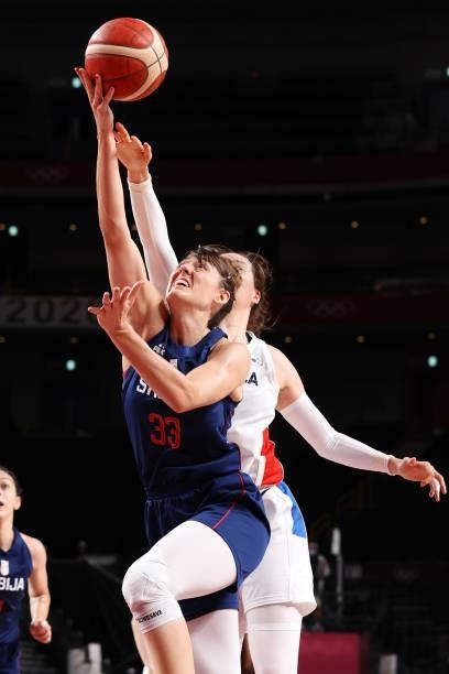 Tina Krajisnik of Team Serbia drives to the basket against Team South Korea during the second half of a Women's Basketball Preliminary Round Group A...