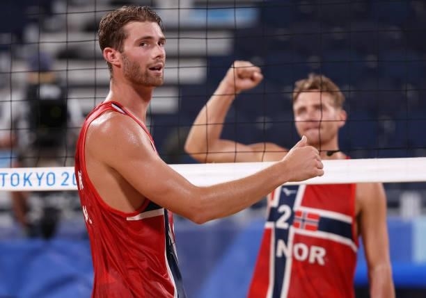 Anders Berntsen Mol and Christian Sandlie Sorum of Team Norway react after defeating Team Netherlands during the Men's Round of 16 beach volleyball...