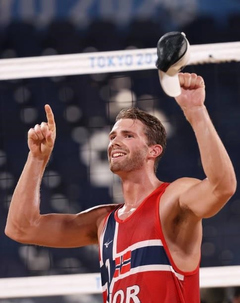 Anders Berntsen Mol of Team Norway reacts after defeating Team Netherlands during the Men's Round of 16 beach volleyball on day nine of the Tokyo...