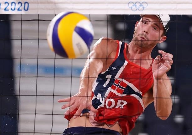 Anders Berntsen Mol of Team Norway competes against Team Netherlands during the Men's Round of 16 beach volleyball on day nine of the Tokyo 2020...