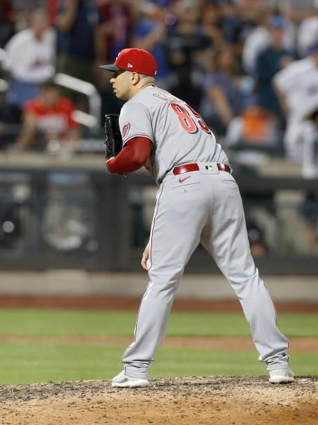 Luis Cessa of the Cincinnati Reds in action against the New York Mets at Citi Field on July 31, 2021 in New York City. The Mets defeated the Reds 5-4...