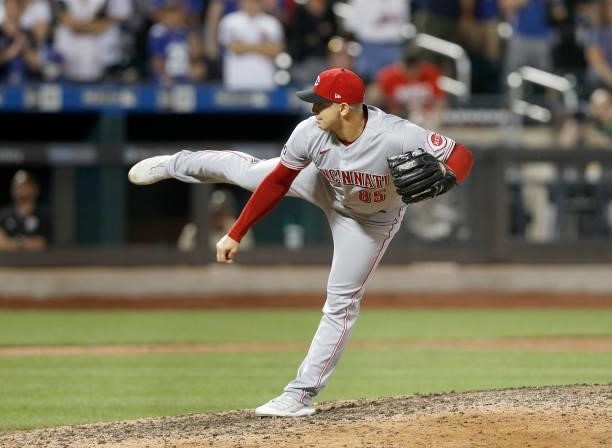Luis Cessa of the Cincinnati Reds in action against the New York Mets at Citi Field on July 31, 2021 in New York City. The Mets defeated the Reds 5-4...