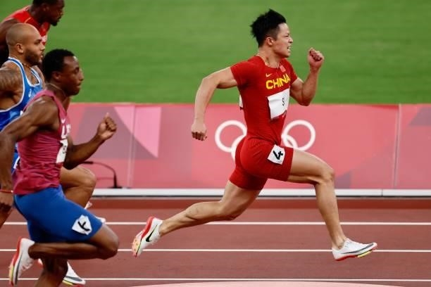 Su Bingtian of China competes in the Men's 100m Semi-Final on day nine of the Tokyo 2020 Olympic Games at Olympic Stadium on August 1, 2021 in Tokyo,...
