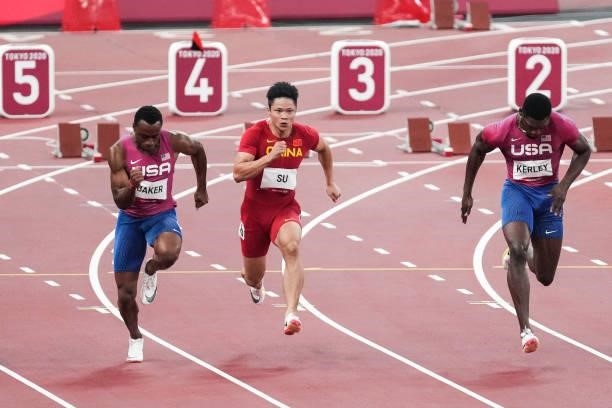 Ronnie Baker of United States, Su Bingtian of China and Fred Kerley of United States compete in the Men's 100m Final on day nine of the Tokyo 2020...