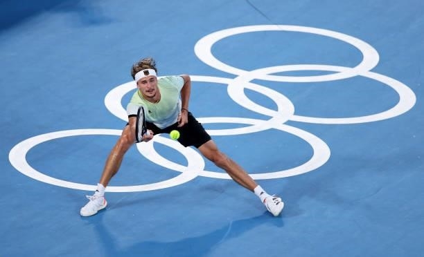 Alexander Zverev of Team Germany plays a forehand during his Men's Singles Gold Medal match against Karen Khachanov of Team ROC on day nine of the...