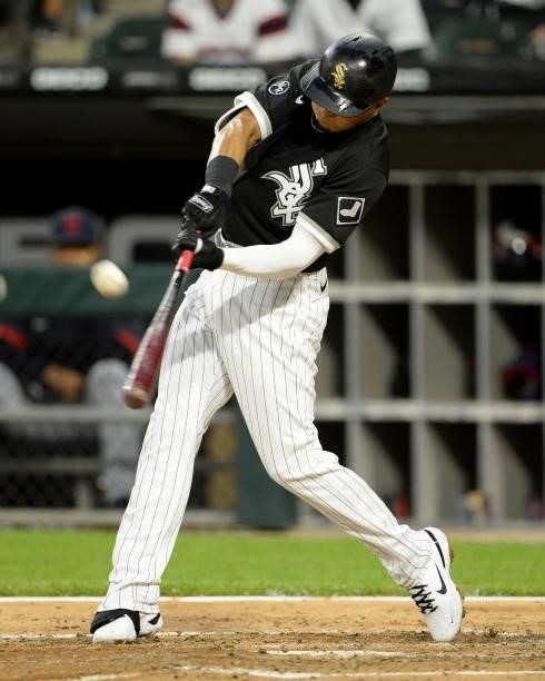 Cesar Hernandez of the Chicago White Sox bats against the Cleveland Indians on July 30, 2021 at Guaranteed Rate Field in Chicago, Illinois.