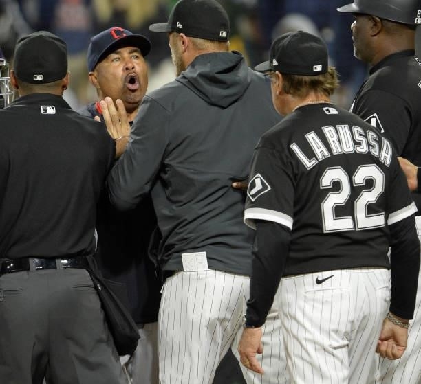 Manager Tony La Russa of the Chicago White Sox and interim Manager DeMario Hale of the Cleveland Indians yell at each other after Jose Abreu was hit...