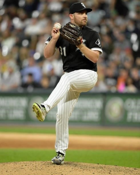 Liam Hendriks of the Chicago White Sox pitches against the Cleveland Indians on July 30, 2021 at Guaranteed Rate Field in Chicago, Illinois.
