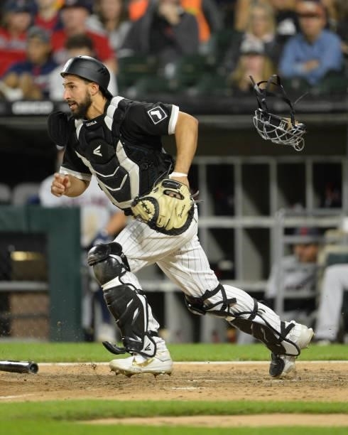 Seby Zavala of the Chicago White Sox catches against the Cleveland Indians on July 30, 2021 at Guaranteed Rate Field in Chicago, Illinois.