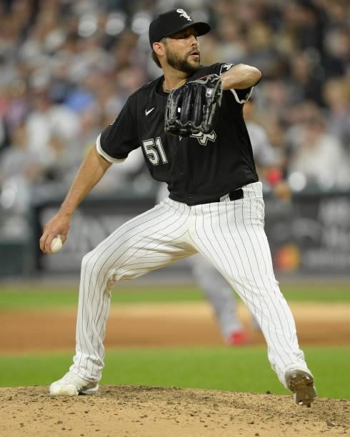 Ryan Tepera of the Chicago White Sox pitches while making his White Sox debut against the Cleveland Indians on July 30, 2021 at Guaranteed Rate Field...