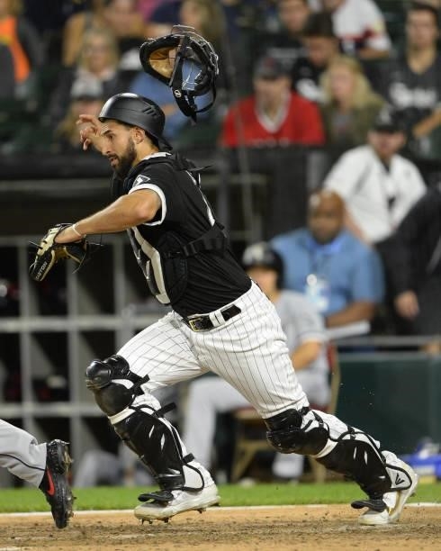 Seby Zavala of the Chicago White Sox catches against the Cleveland Indians on July 30, 2021 at Guaranteed Rate Field in Chicago, Illinois.