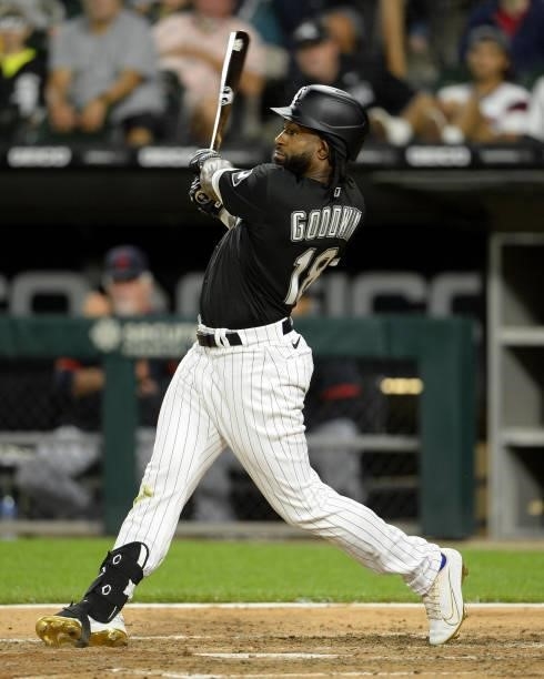 Brian Goodwin of the Chicago White Sox bats against the Cleveland Indians on July 30, 2021 at Guaranteed Rate Field in Chicago, Illinois.