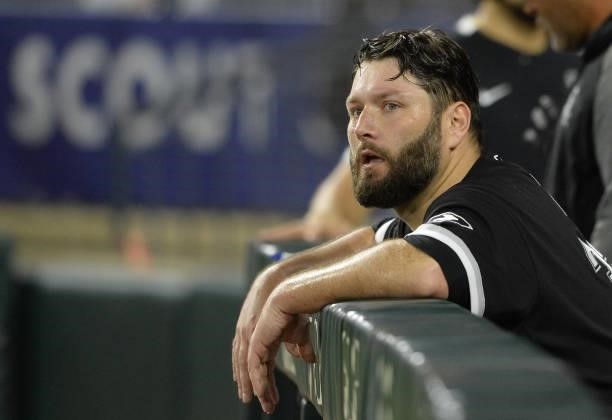 Lance Lynn of the Chicago White Sox looks on against the Cleveland Indians on July 30, 2021 at Guaranteed Rate Field in Chicago, Illinois.