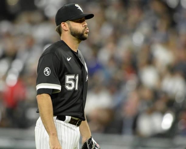 Ryan Tepera of the Chicago White Sox looks on while making his White Sox debut against the Cleveland Indians on July 30, 2021 at Guaranteed Rate...
