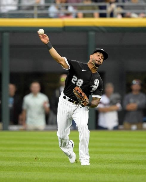 Leury Garcia of the Chicago White Sox fields against the Cleveland Indians on July 30, 2021 at Guaranteed Rate Field in Chicago, Illinois.