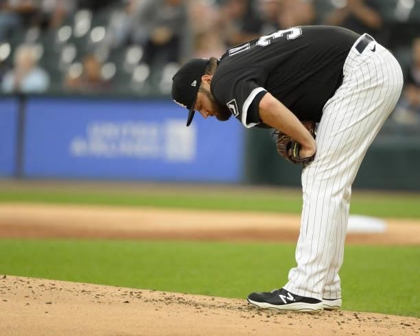 Lance Lynn of the Chicago White Sox reacts after giving up a run against the Cleveland Indians on July 30, 2021 at Guaranteed Rate Field in Chicago,...