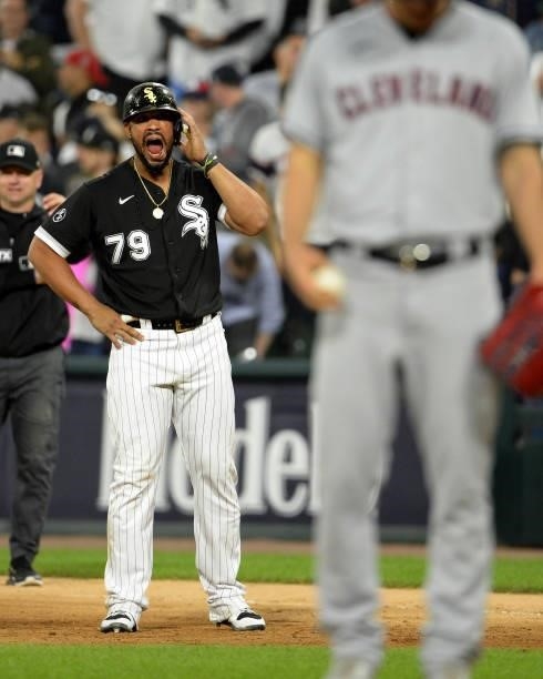 Jose Abreu of the Chicago White Sox looks on after he was hit in the helmet by a pitch from James Karinchak of the Cleveland Indians on July 30, 2021...