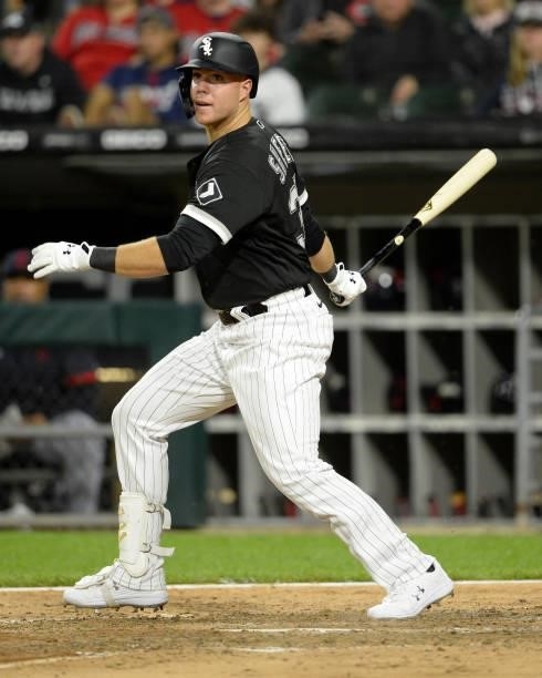 Gavin Sheets of the Chicago White Sox bats against the Cleveland Indians on July 30, 2021 at Guaranteed Rate Field in Chicago, Illinois.