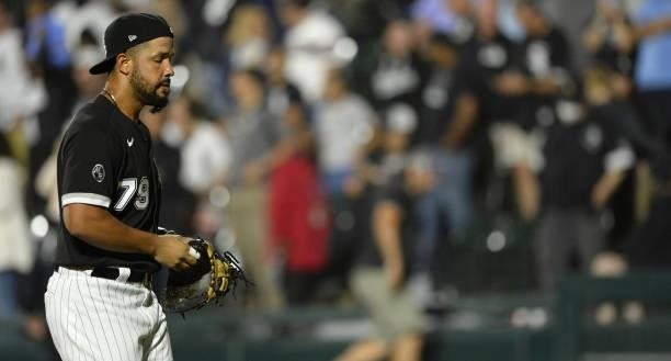 Jose Abreu of the Chicago White Sox looks on after the game against the Cleveland Indians on July 30, 2021 at Guaranteed Rate Field in Chicago,...