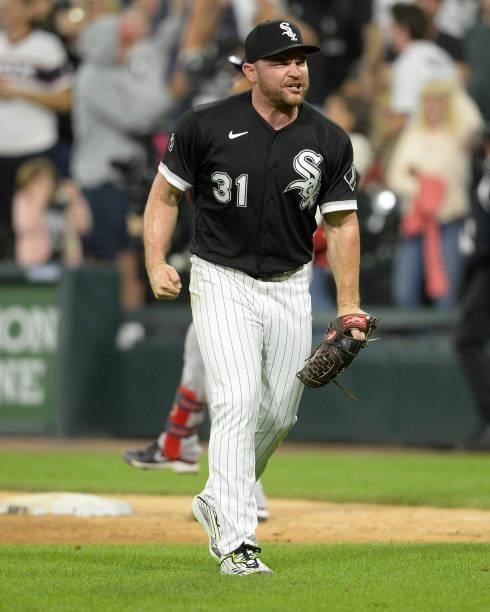 Liam Hendriks of the Chicago White Sox reacts after recording the out of the game while earning a save against the Cleveland Indians on July 30, 2021...
