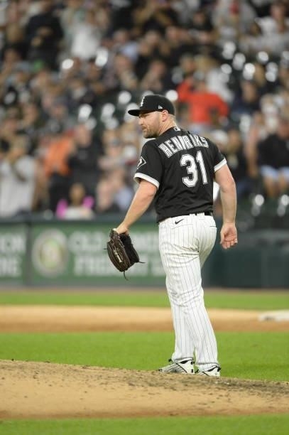 Liam Hendriks of the Chicago White Sox glares during the game against the Cleveland Indians on July 30, 2021 at Guaranteed Rate Field in Chicago,...