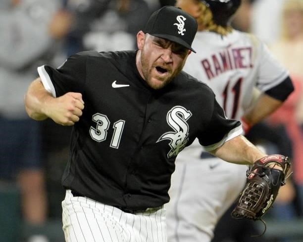 Liam Hendriks of the Chicago White Sox reacts after recording the out of the game while earning a save against the Cleveland Indians on July 30, 2021...